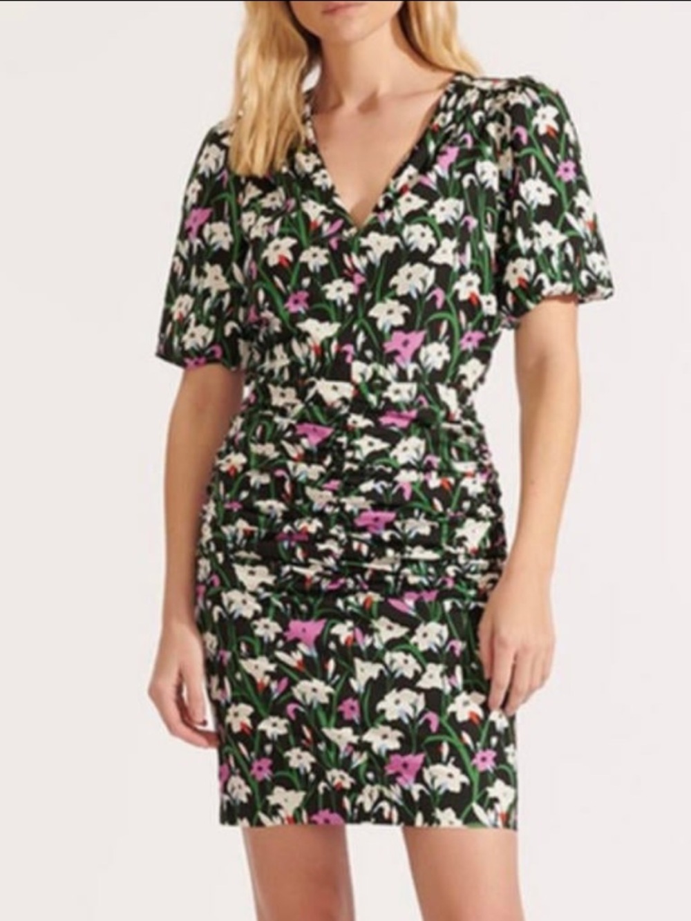 Veronica Beard Floral Janis V-Neck Ruched Mini Dress - Green/Pink/White Size 12